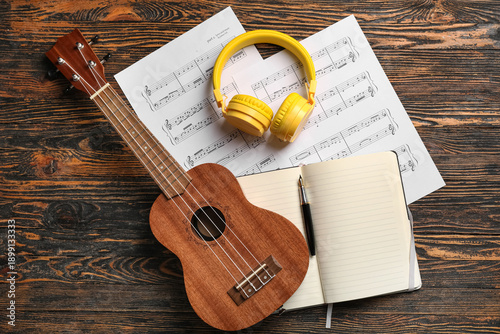 Ukulele, modern headphones,...