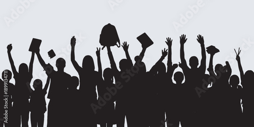 Silhouette of a diverse group of students celebrating with raised hands and books, symbolizing education and achievement.