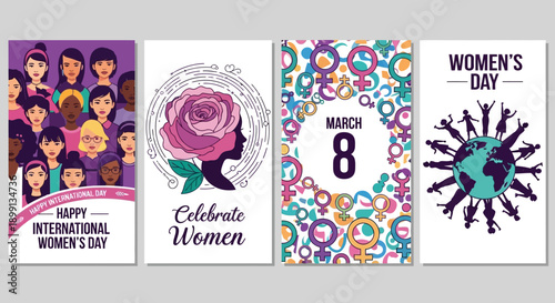 Four vibrant greeting card designs celebrating International Women's Day, featuring diverse women, floral motifs, gender symbols, and global unity.