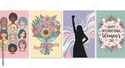 Collection of four diverse illustrations celebrating International Women's Day with empowering imagery and floral elements.