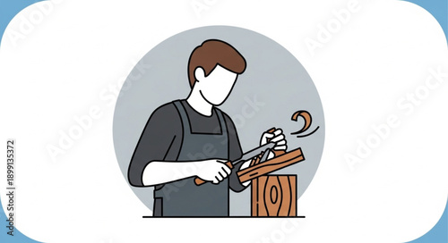 Carpenter working with wood and tools.