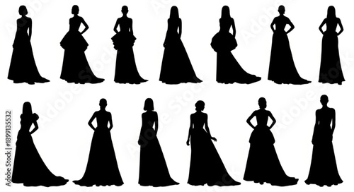 Collection of elegant female silhouettes in formal gowns.