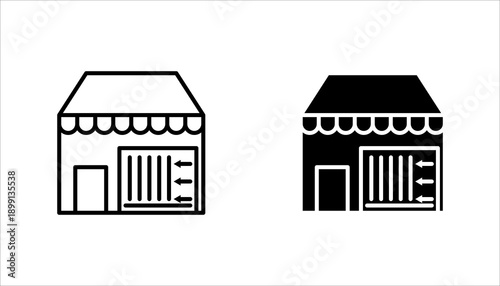 Simple line icon set of a storefront with warehouse doors, symbolizing retail business, storage, inventory, logistics, and shop management. Suitable for e-commerce, supply chain, and business design.