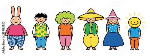 Six charmingly illustrated cartoon characters including a rabbit child with spiky hair person with green curly hair and a happy sun character illustration group people children