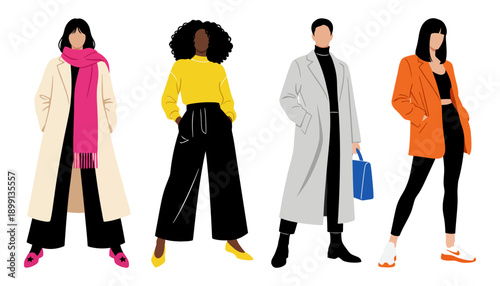 Four diverse individuals are depicted standing with fashionably styled outerwear and accessories showcasing contemporary clothing choices in a vibrant arrangement women modern