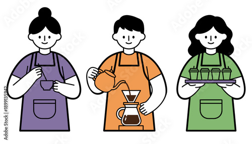 Three people in aprons preparing and serving coffee drinks one stirring a cup another pouring and the third carrying a tray of cups barista cafe beverage preparation making