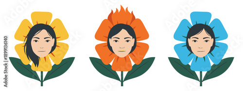 Three diverse stylized portraits of women's faces emerging from colorful floral petals in yellow orange and blue hues woman flower nature beauty graphic illustration design