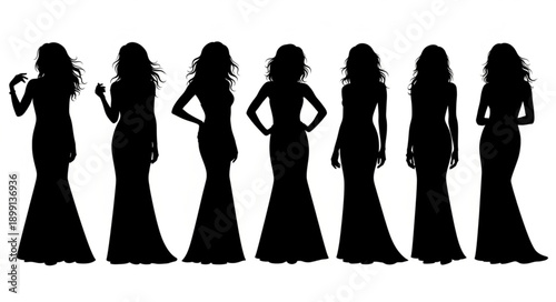 Group Of Women Silhouettes In Evening Gowns.