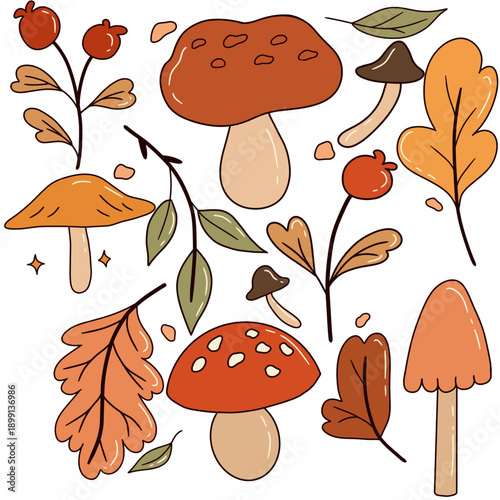 Hand-Drawn Autumn Forest Set with Mushrooms, Berries, and Oak Leaves