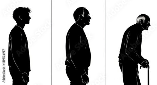 Human aging progression from youth to old age silhouette.