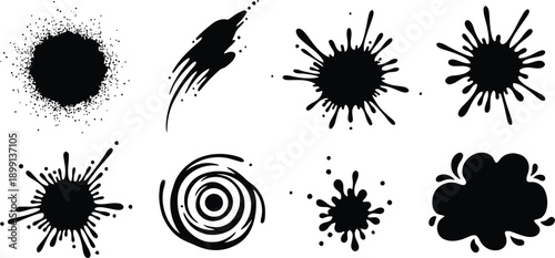 Dynamic black ink splatters, grunge stains, abstract liquid marks, and artistic graphic elements collection for creative design projects