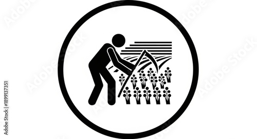 Farmer Icon Harvesting Crops with Scythe in Field.