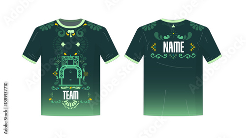 Esports Team Jersey Design with Green Gradient and Decorative Motifs Trajinera