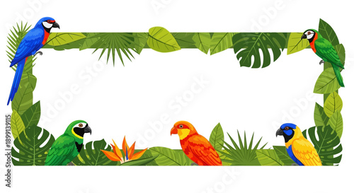 World Wildlife Day Banner with Tropical Birds and Lush Green Jungle Leaves Frame