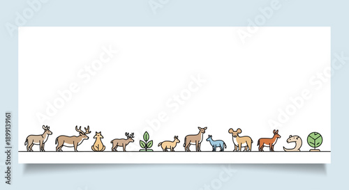 Cute forest animals border with copy space. Vector outline banner with deer, fox, and nature icons in row. Minimalist footer background