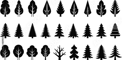 Black tree silhouettes collection, deciduous and pine forest icons set, minimalist nature symbols, hand drawn vector illustration isolated on white background