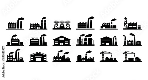 Collection of Industrial Factory Building Silhouettes.
