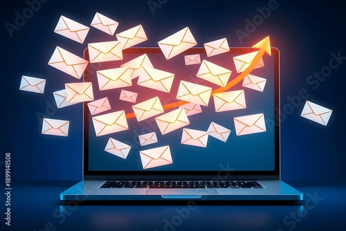 Emails and Envelopes Flying Out from Laptop Screen with Arrow on Dark Background - Email Marketing and Digital Communication Concept
