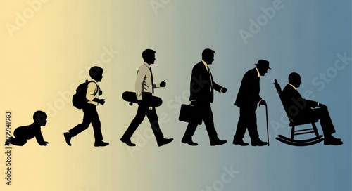 Human life cycle evolution from baby to elderly man silhouette.
