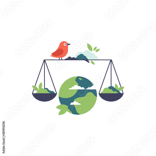 Eco-friendly justice scales with planet earth and bird.