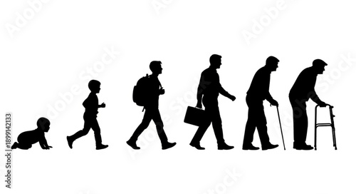 Human life cycle evolution silhouette stages from baby to elderly person.