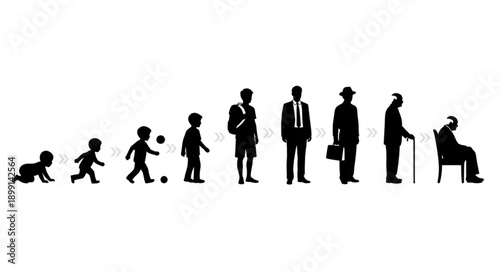 Human life cycle evolution from baby to elderly man silhouette.