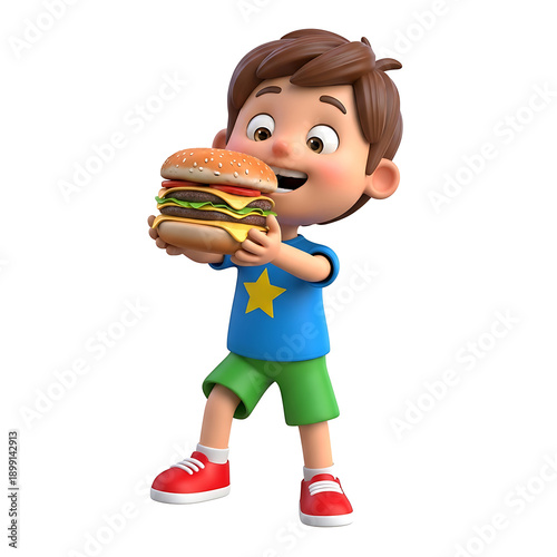 Cute 3D Cartoon Boy in Blue Star Shirt and Green Shorts Happily Eating a Big Cheeseburger - Kids Food and Childhood Appetite Concept