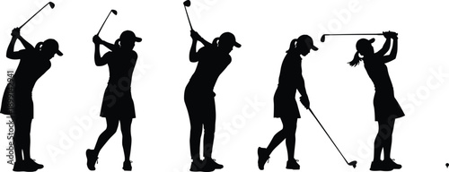 Black female golfer silhouettes collection, women playing golf swing poses set, minimalist sports vector illustration isolated on white background for athletic design