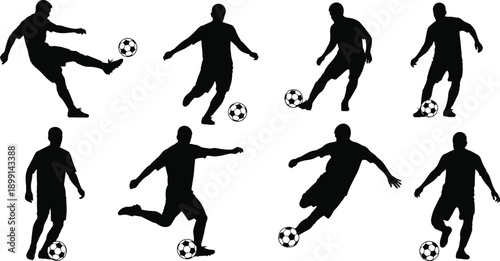 Soccer player silhouette set with football action poses, kicking and dribbling athletes, dynamic sports vector illustrations isolated on white background training design collection
