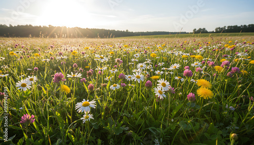 Meadow with lots of white and pink spring daisy flowers and yellow dandelions in sunny day, Spring / Summer Floral Landscape