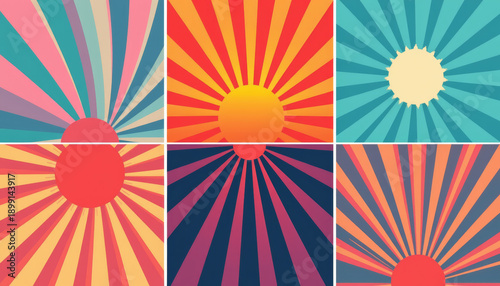 Retro sunburst background vintage sunrise sunset abstract ray pattern colorful collage cheerful