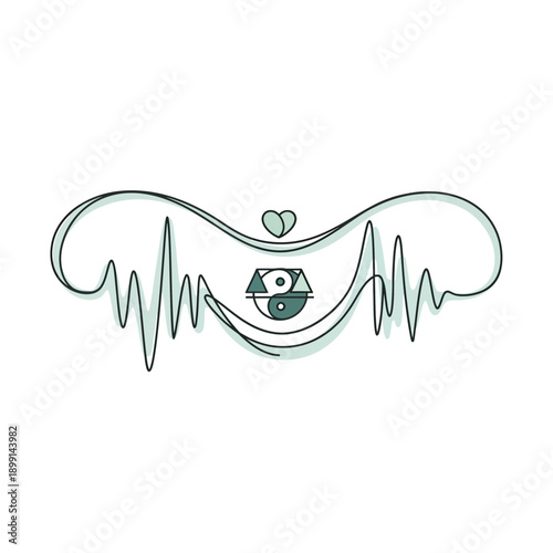 Heartbeat line with yin yang symbol and heart.
