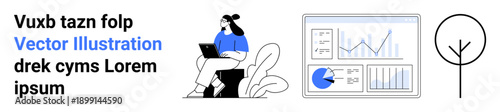 Woman sitting with a laptop, nearby displayed analytics dashboard with charts and graphs, and a minimalist tree graphic. Ideal for work, analysis, productivity, tech, minimalism, growth simple