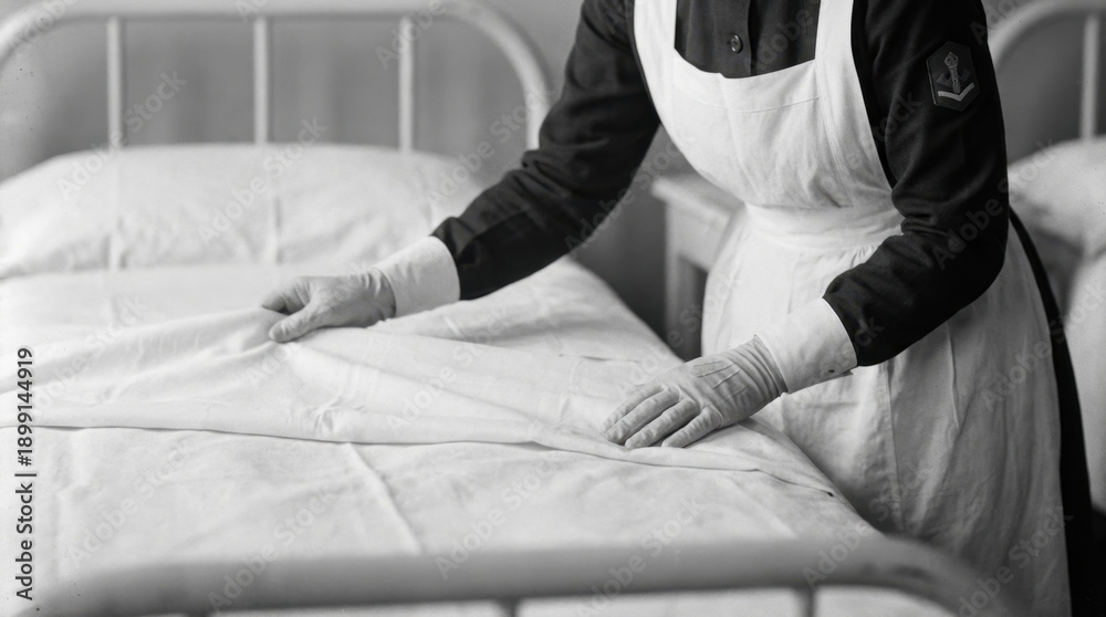 Fototapeta premium Nurse Makes Bed Hospital Scene