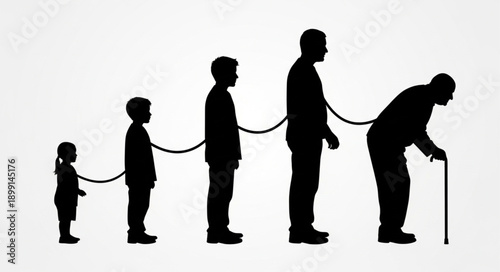 Human life cycle progression from infancy to old age silhouette.