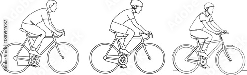 Cyclist riding a bicycle from different viewpoints, captured in a simple line drawing style, showcasing motion and technique.