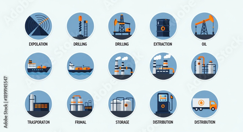 Collection of industrial icons representing various sectors of the economy.