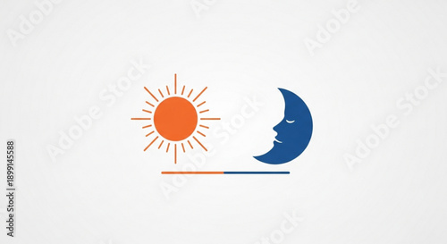 Day and night symbol sun and moon face icon time concept with orange sun and blue crescent moon on white background