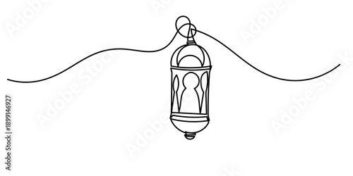 Continuous line drawing of ramadan kareem greeting card. Lantern, islamic decoration, object one line, single line art, Lantern Single Continuous Line Drawing, 