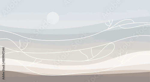 Soft sunset landscape with abstract lines and gentle hills in pastel colors