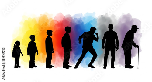 Human life cycle stages depicted as silhouettes against colorful background.