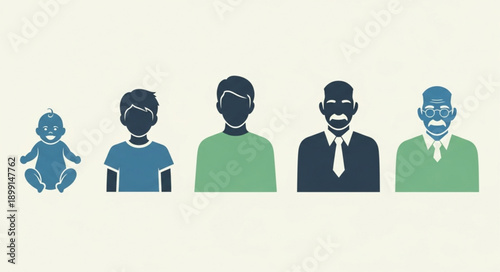 Human life cycle stages depicted as silhouettes from baby to elderly man.