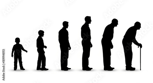 Human life cycle silhouette progression from child to elderly man.