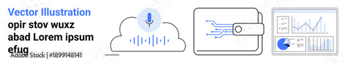 Cloud with microphone symbolizing voice recognition, secure digital wallet, and analytics dashboard with charts. Ideal for technology, AI, finance, security, cloud services, data-driven solutions