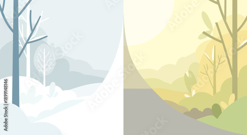 Seasonal landscape split screen with winter and spring scenery