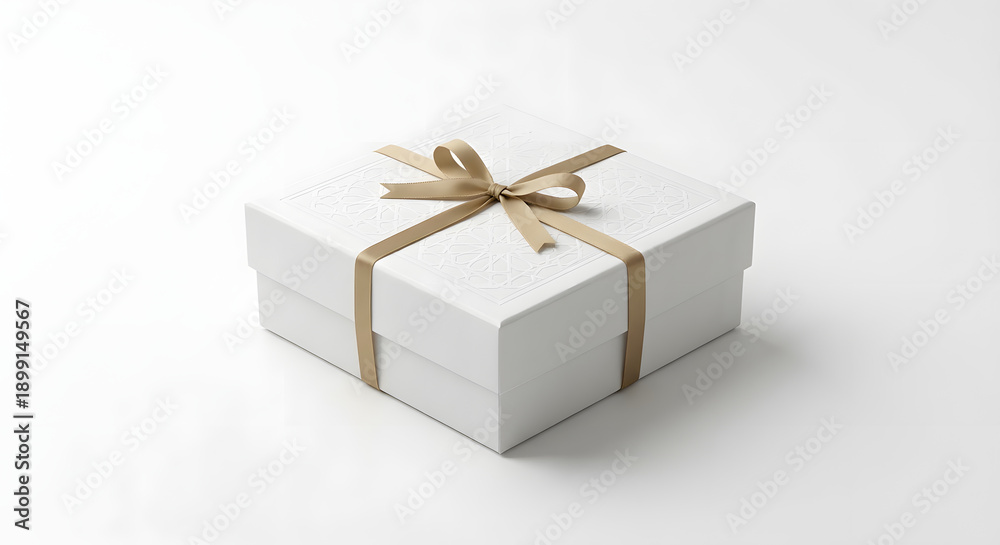 Obraz premium Luxury white square gift box wrapped with elegant gold satin ribbon and bow, featuring subtle embossed detail, isolated on a clean white studio background.