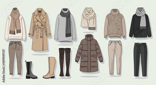 Winter clothing and accessories illustration neutral tones fashion elements coats boots scarves hats pants stylish