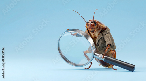 Anthropomorphic cockroach character holding a magnifying glass on blue for scientific research, pest control, detailed examination, and curious discovery concepts.