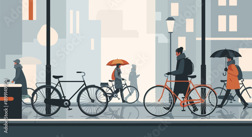City dwellers riding bicycles on rainy day with umbrellas in modern urban setting