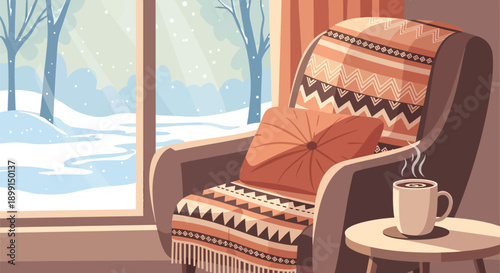 Cozy armchair with steaming mug by snowy window with warm lighting and patterned blanket
